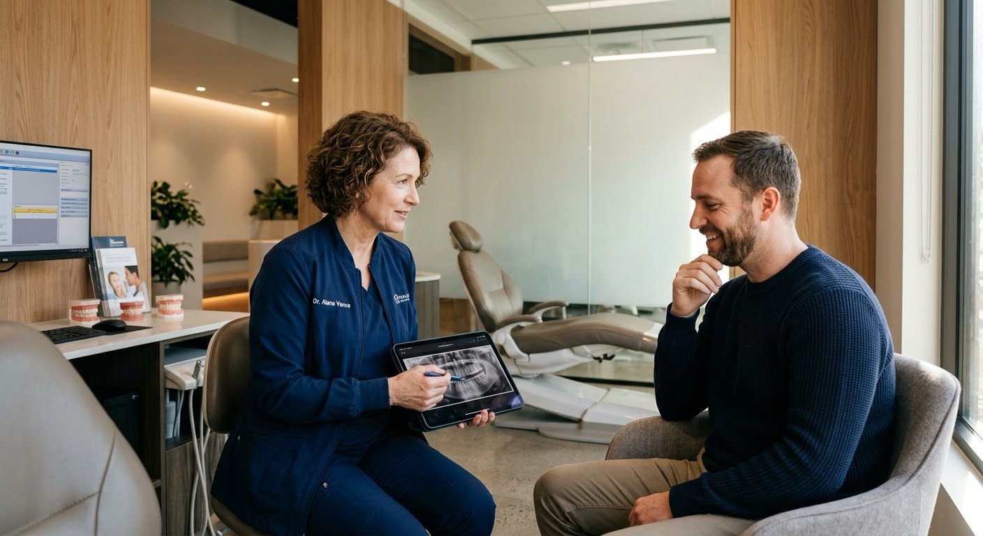 A dentist explaining a dental scan to a patient