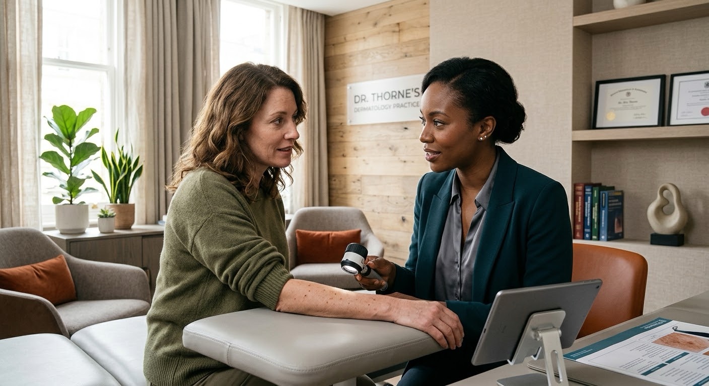 A dermatologist examining a patient’s skin during a consultation