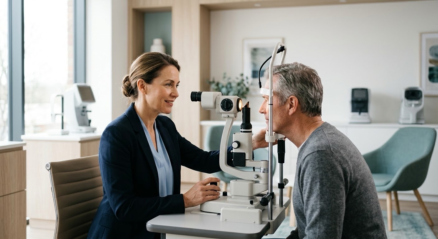 An eye specialist examining a patient with a slit lamp