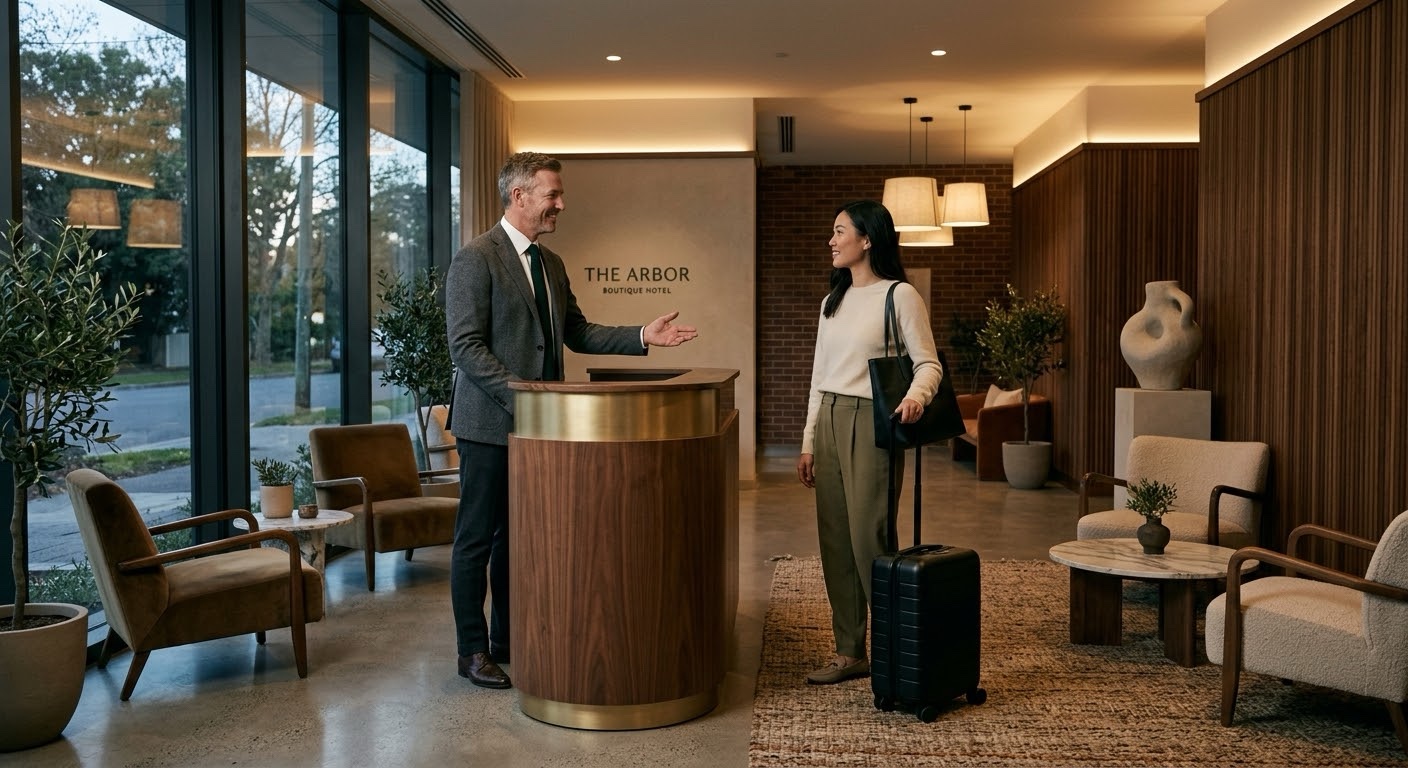 A hotel staff member welcoming a guest at reception