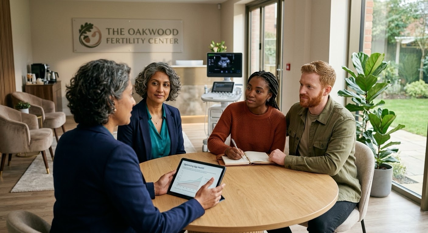 A couple discussing a fertility consultation with clinic staff